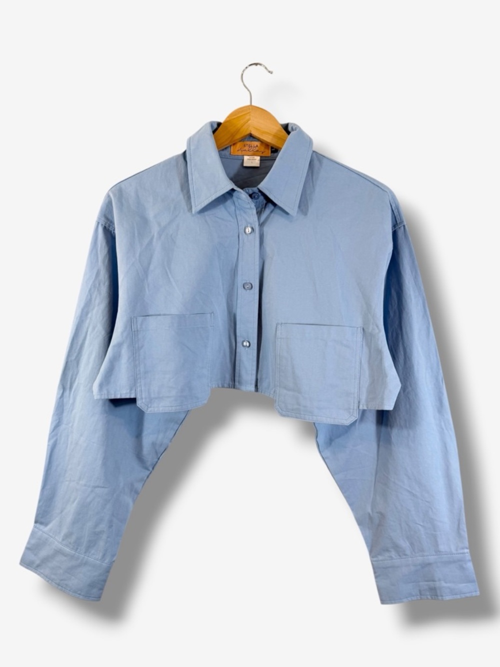 Stella Dallas Oversized Boxy Crop Top Size L Blue Patch Pocket Button Up Preppy